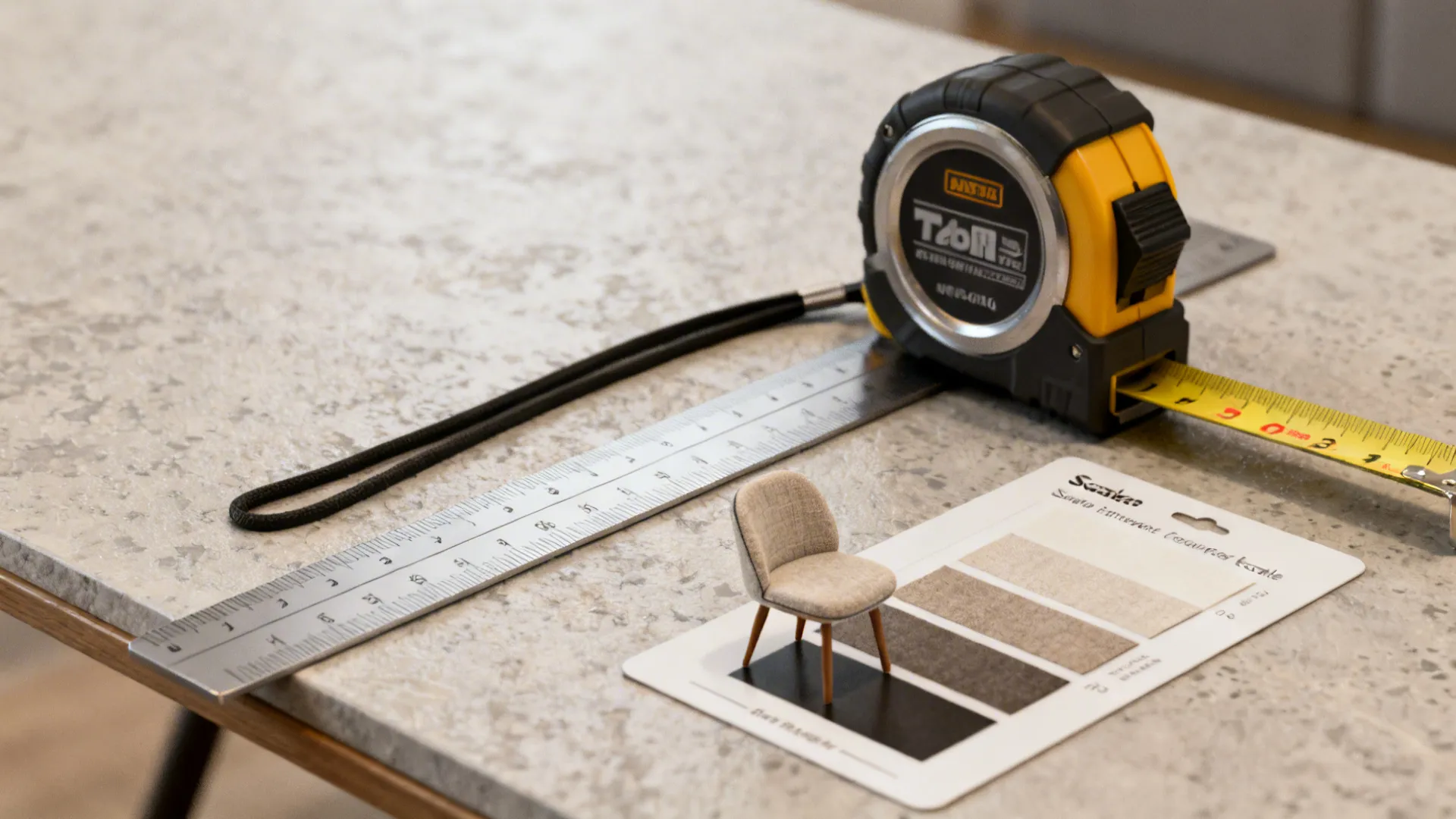 Close-up of measuring tools and a small seating model used to test furniture scale and clearances.