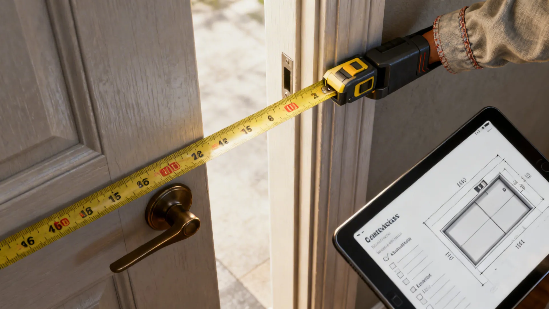 Macro of measuring a doorway and checking sectional dimensions with a tape measure and tablet.