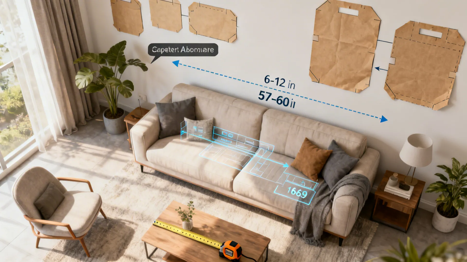 Top-down living room mockup with measurement guidelines and kraft paper templates for art placement.