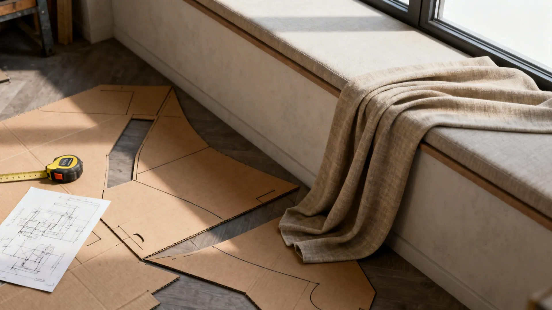 Cardboard templates and measuring tools used to mock up bay window bench dimensions.