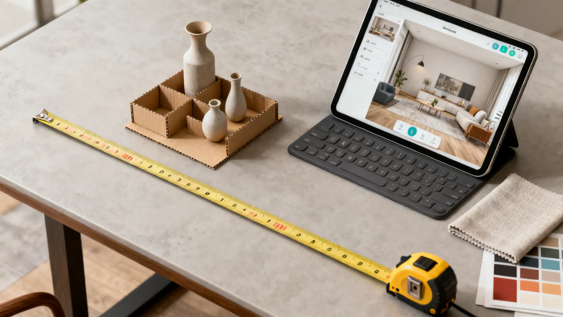 Top-down flatlay of measurement tools, scaled centerpiece mockups, and a room planner app showing one-third table length guidance.