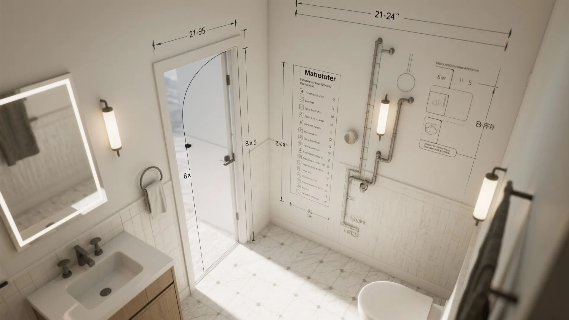 Top-down planning graphic with measurement guides for an 8x5 bathroom layout.