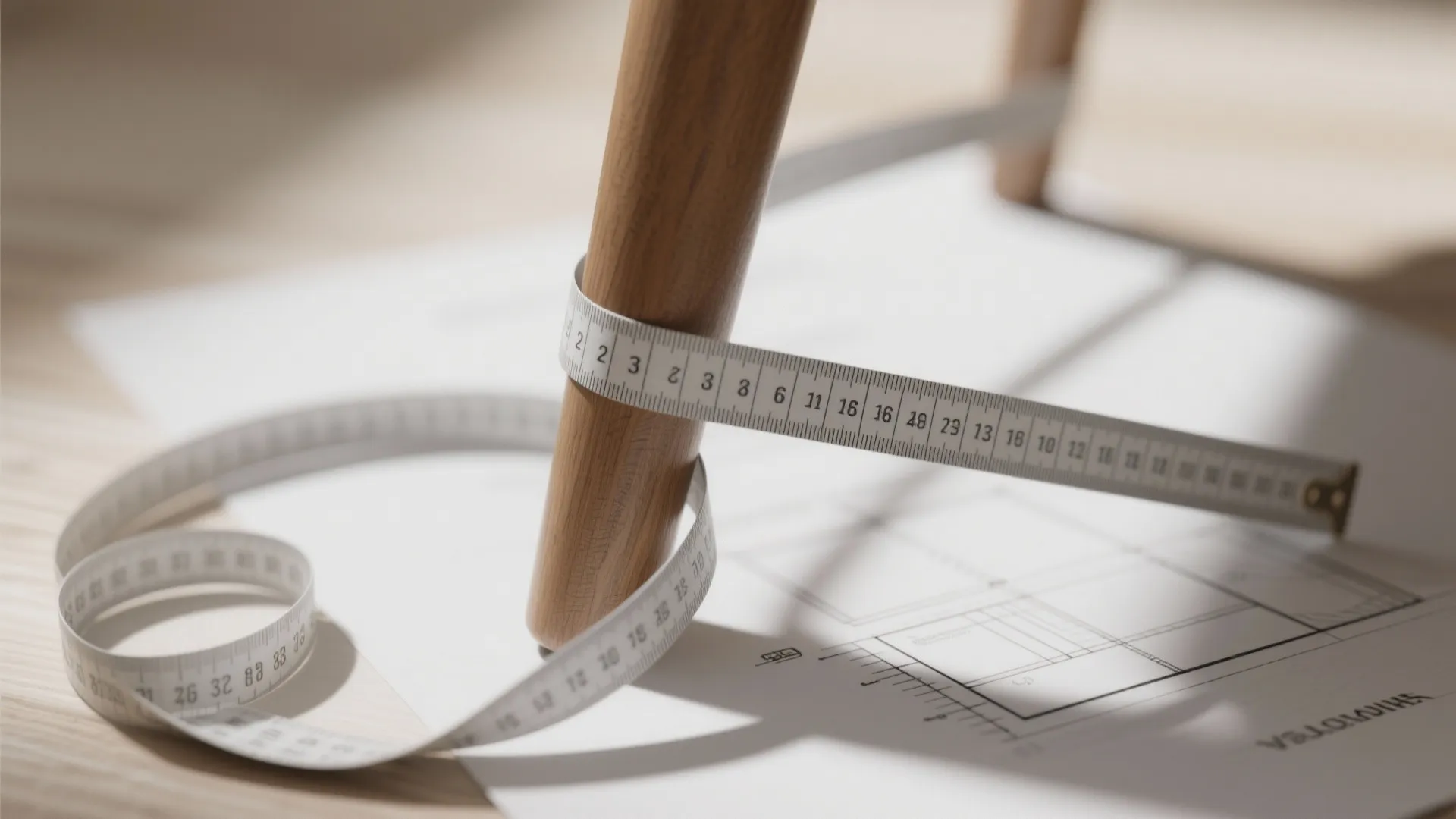 Measuring tape wrapped around a wooden furniture leg over an interior design drawing and papers