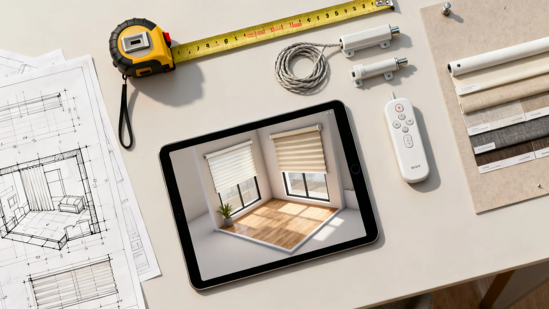 Desk with tablet showing 3D room design tape measure paper floor plans and fabric samples