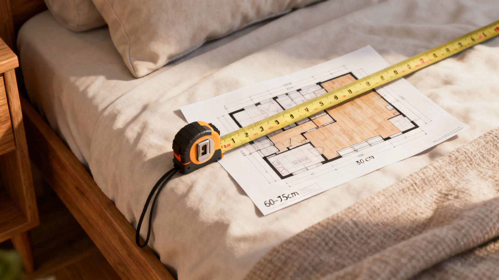 Measuring tape and floor plan on bedding showing clearance recommendations
