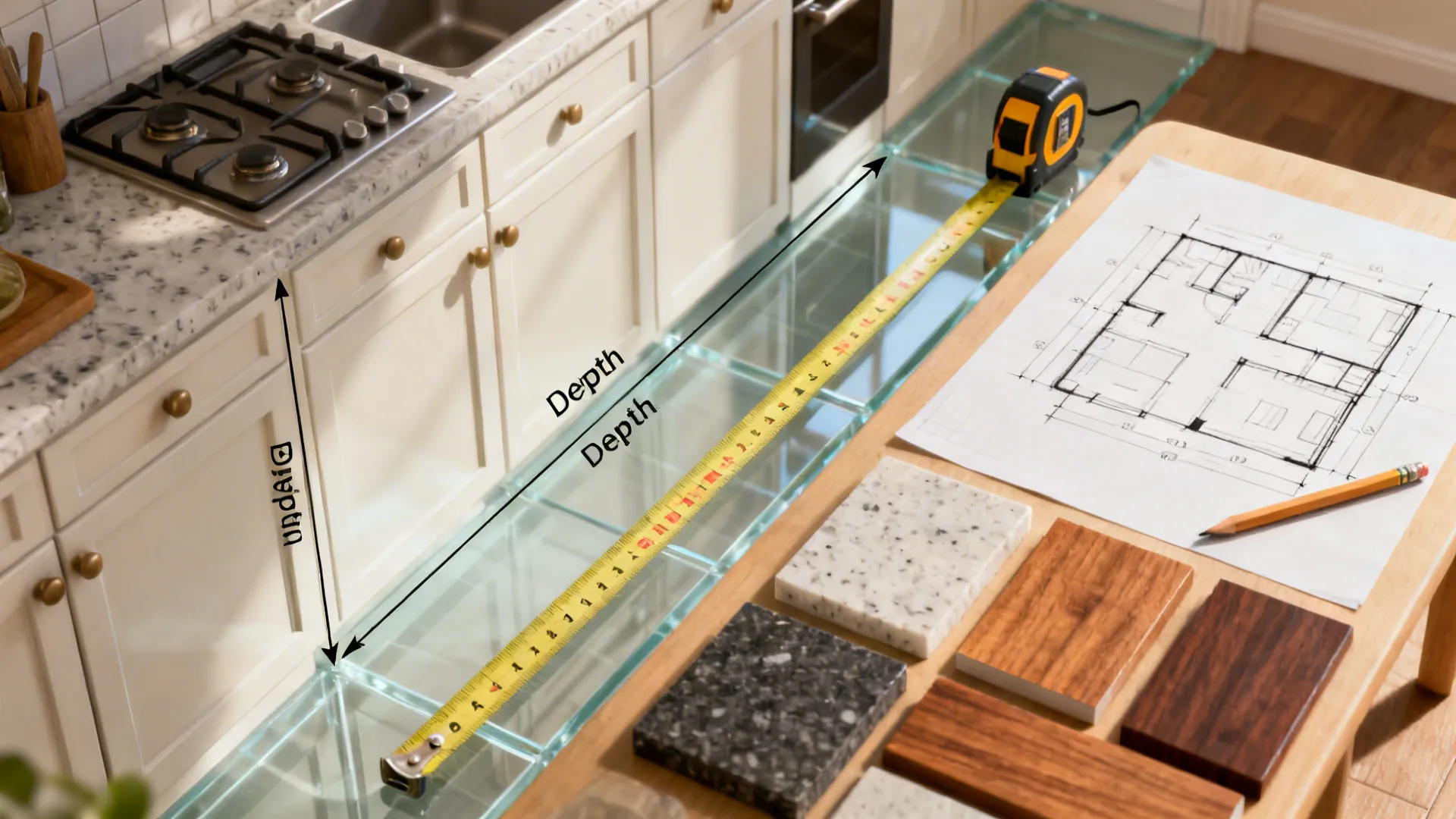 Tape measure across a kitchen walkway with cabinet depth labels and material swatches for planning