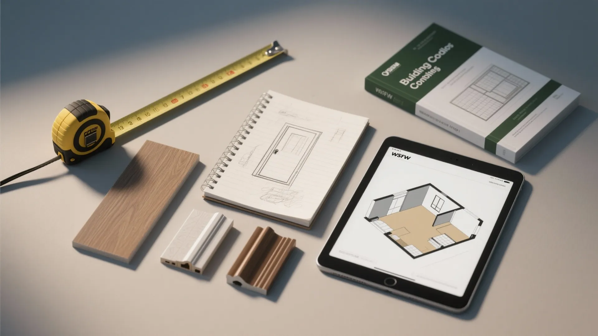 Interior design planning tools with measuring tape notebook tablet showing 3D room layout and samples