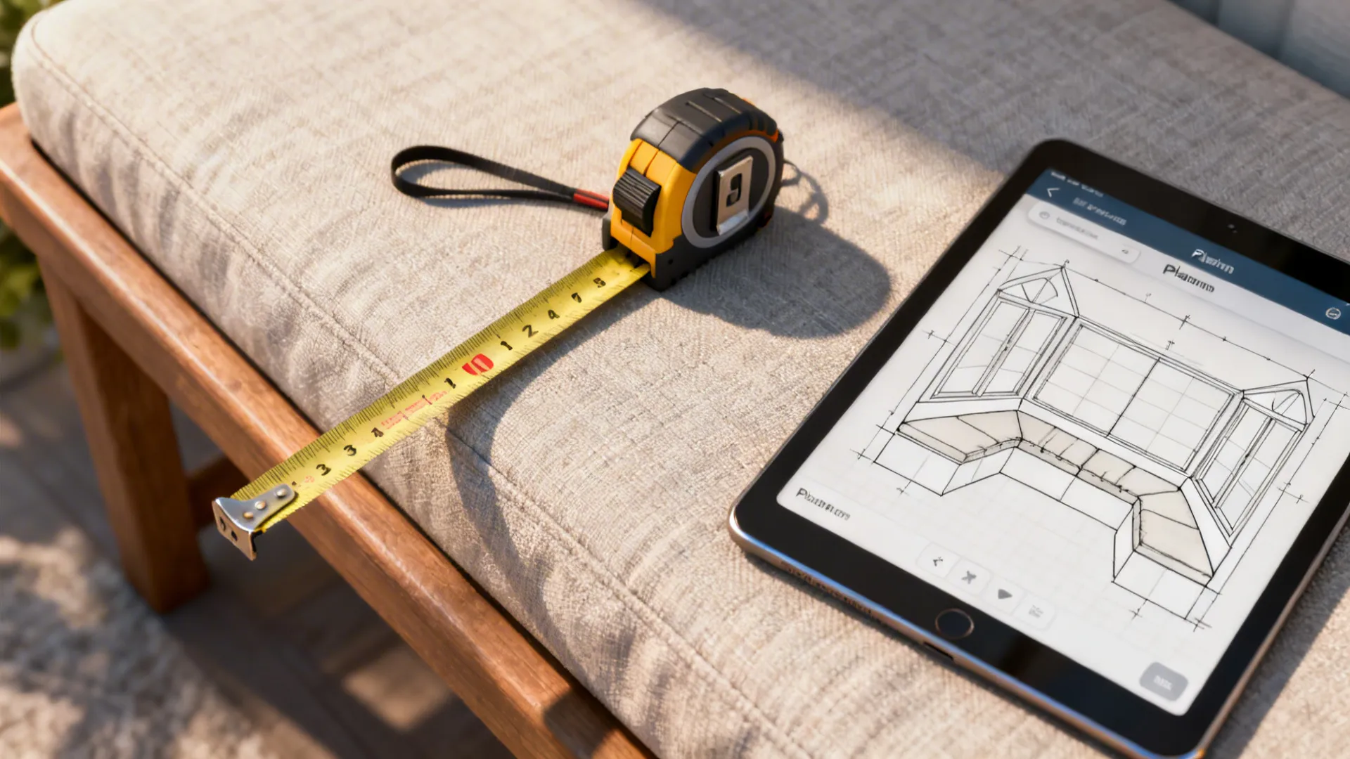 Tape measure on a bench cushion and a tablet showing a bay window room planner layout.