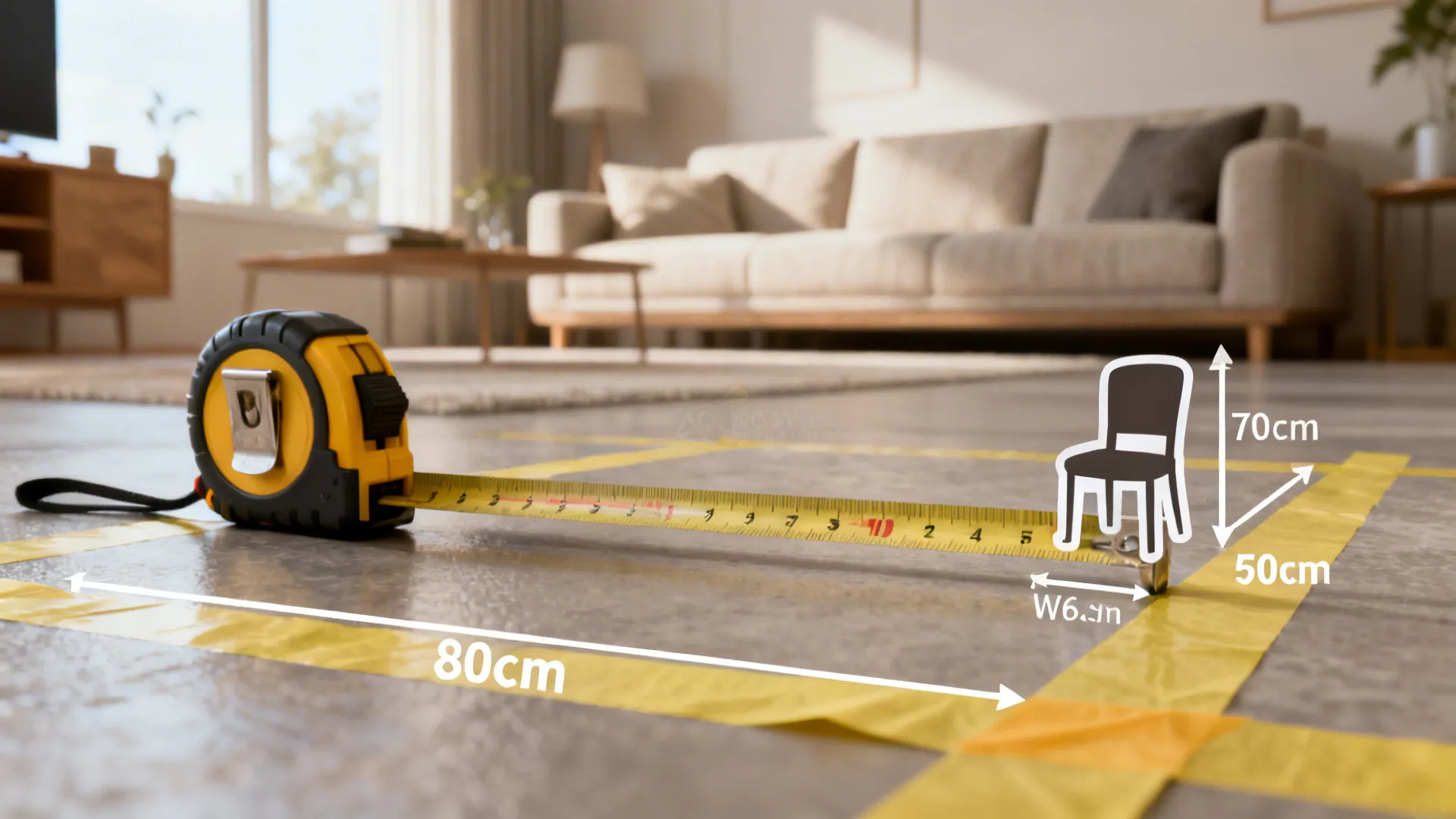 Painter's tape marking chair footprint measurements on the floor with a tape measure nearby.