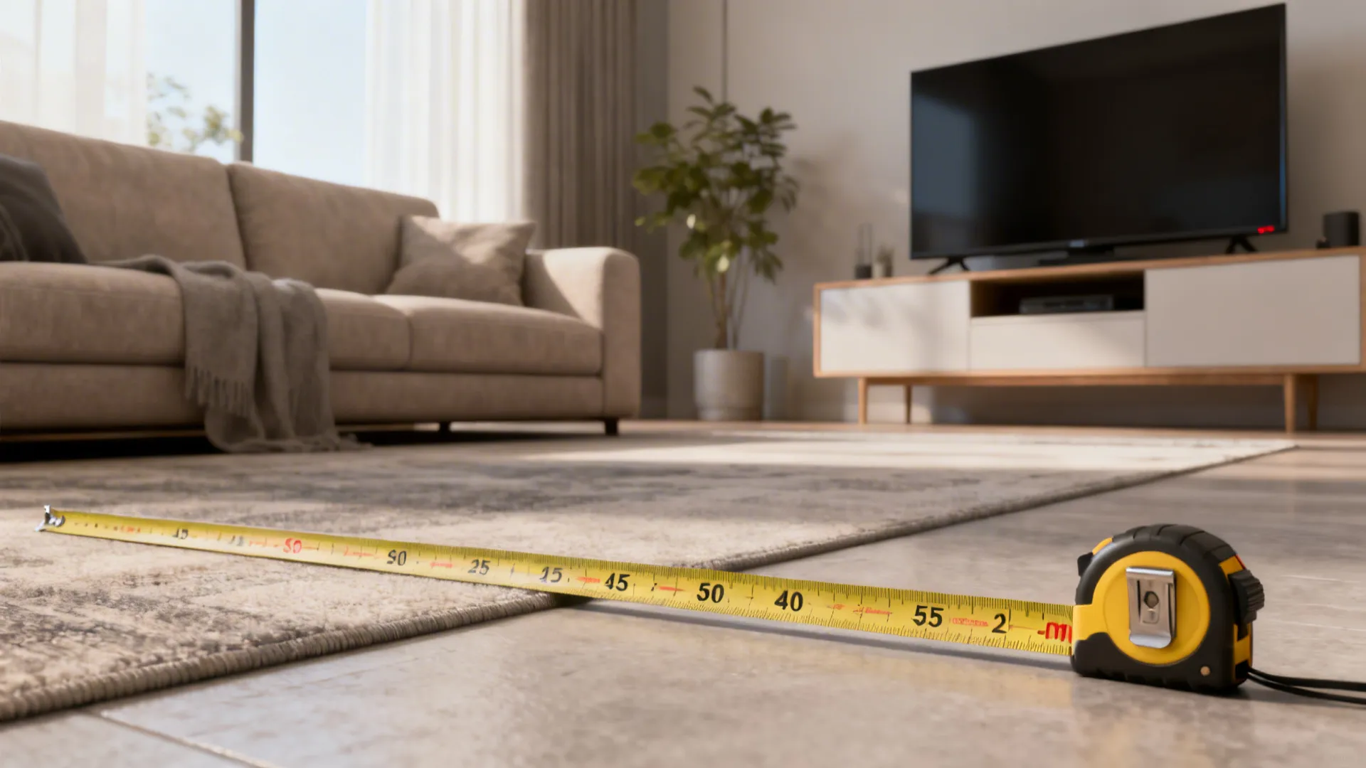 Yellow measuring tape on a living room floor between a sofa and a television cabinet