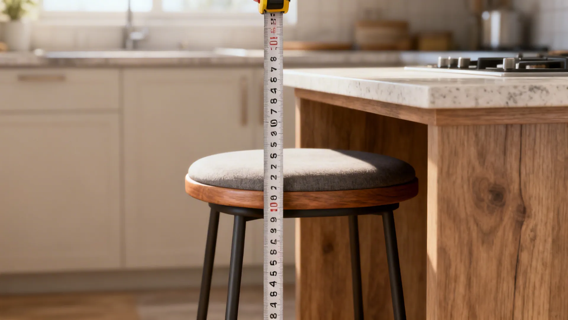 Tape measure against a stool showing the recommended seat-to-counter clearance.