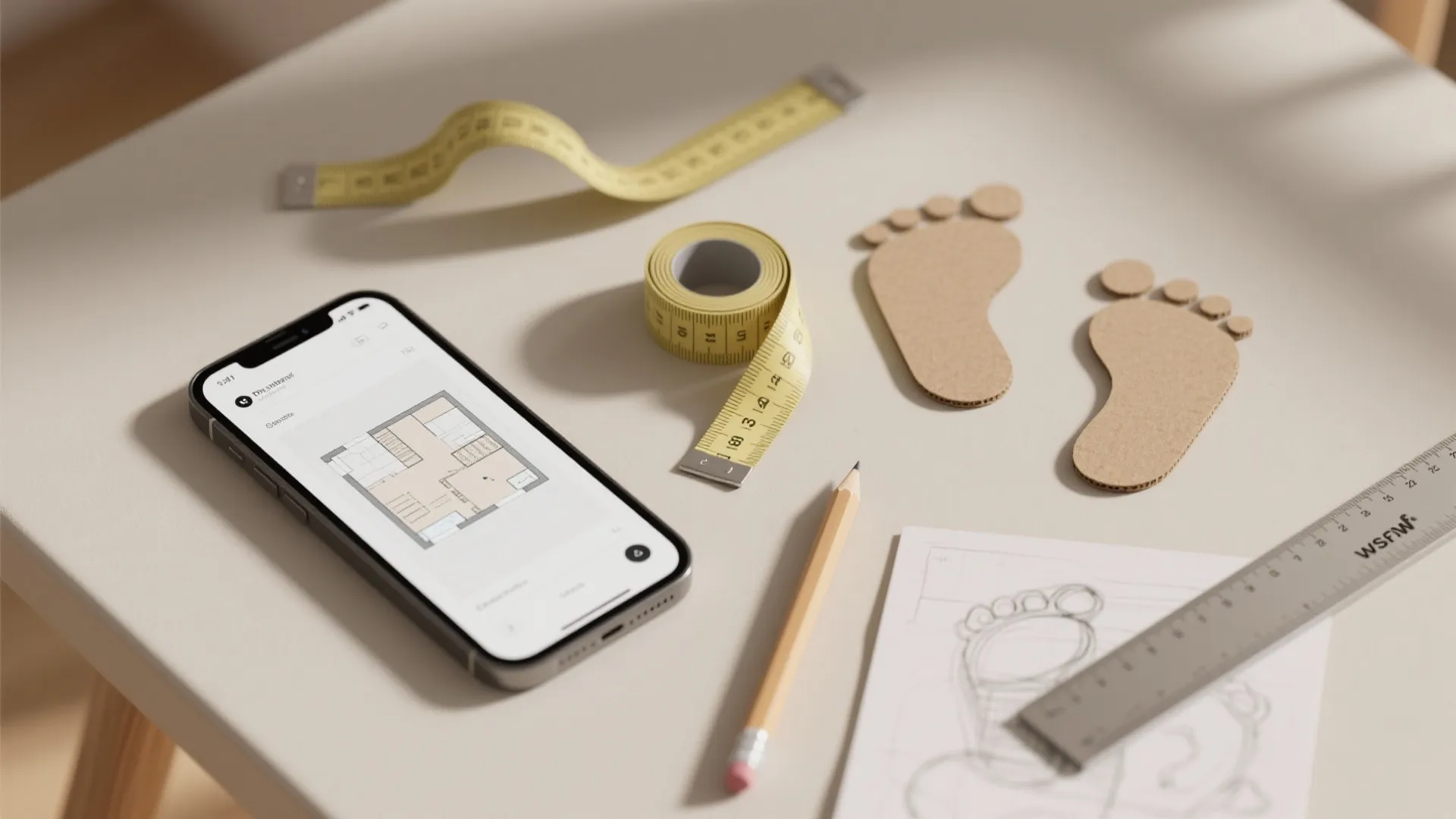 Top-down view of a smartphone with a floor plan, measuring tape, and cardboard mockups used to plan nursery furniture placement.
