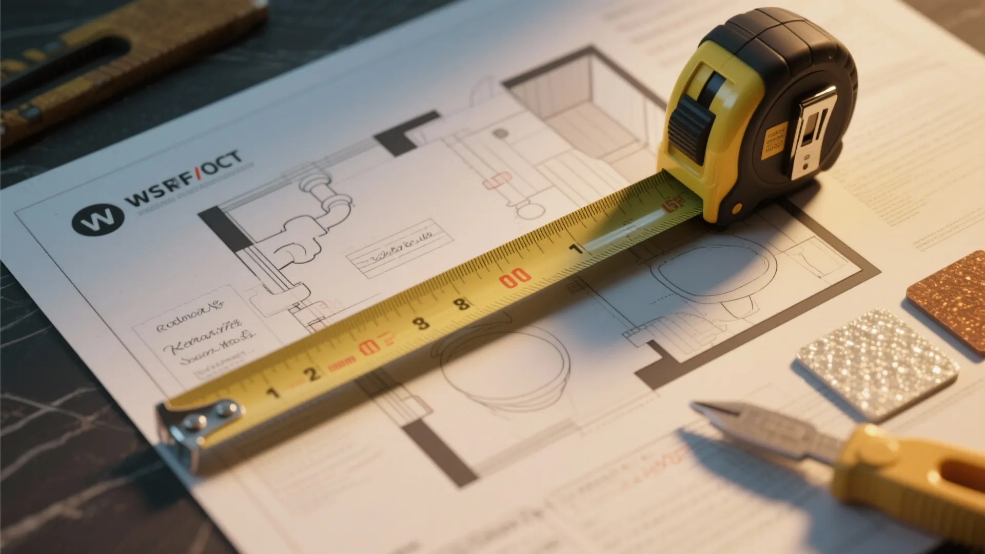 Measuring tape and 3D planner mockup showing diagonal corner measurements and plumbing notes.