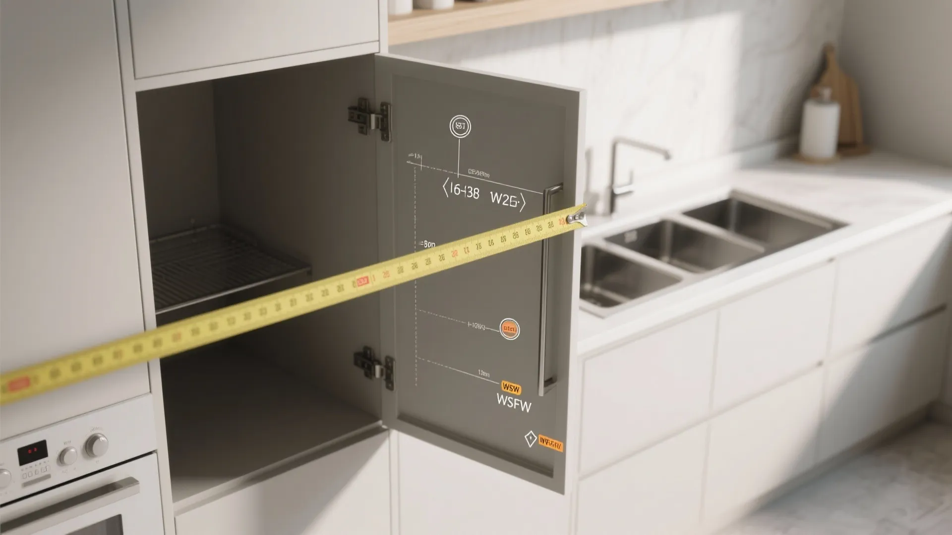Using yellow tape measure on a white kitchen cabinet door with sink and oven in view