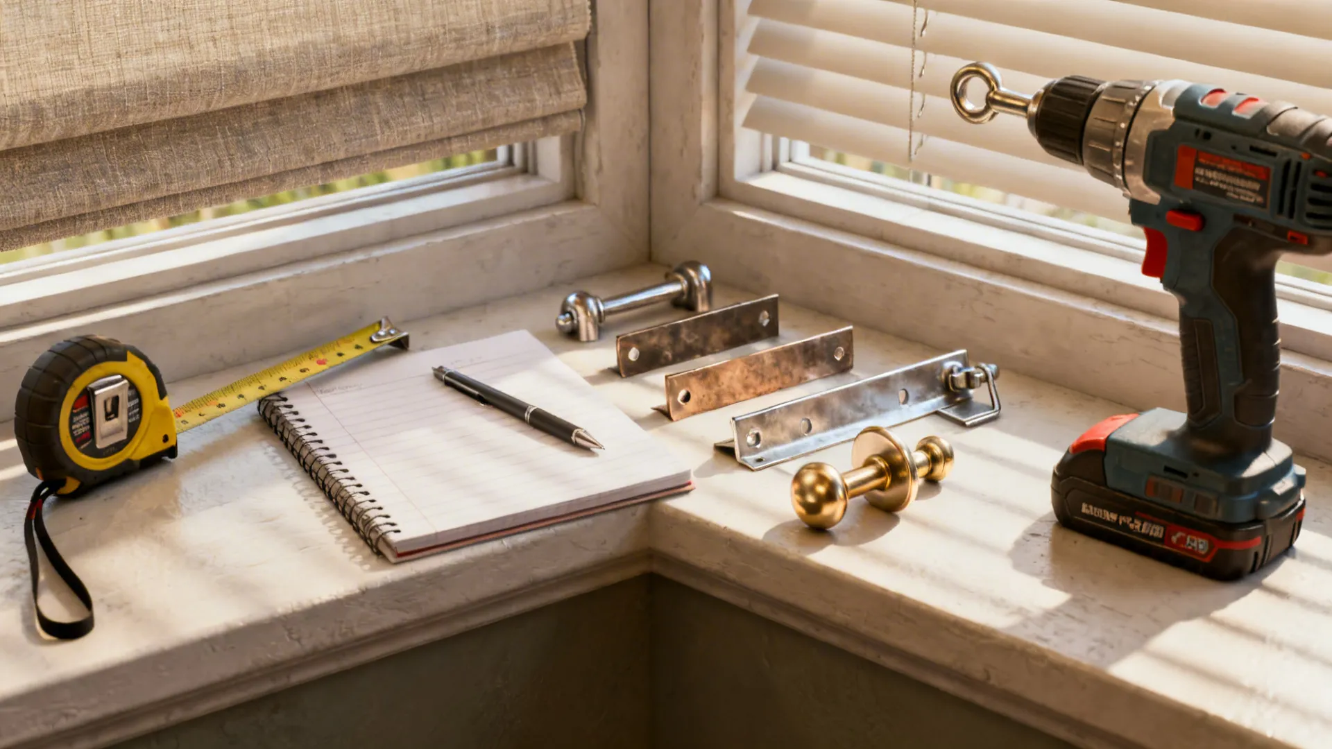 Measuring tape, notepad, and corrosion-resistant hardware samples on a bay window sill.