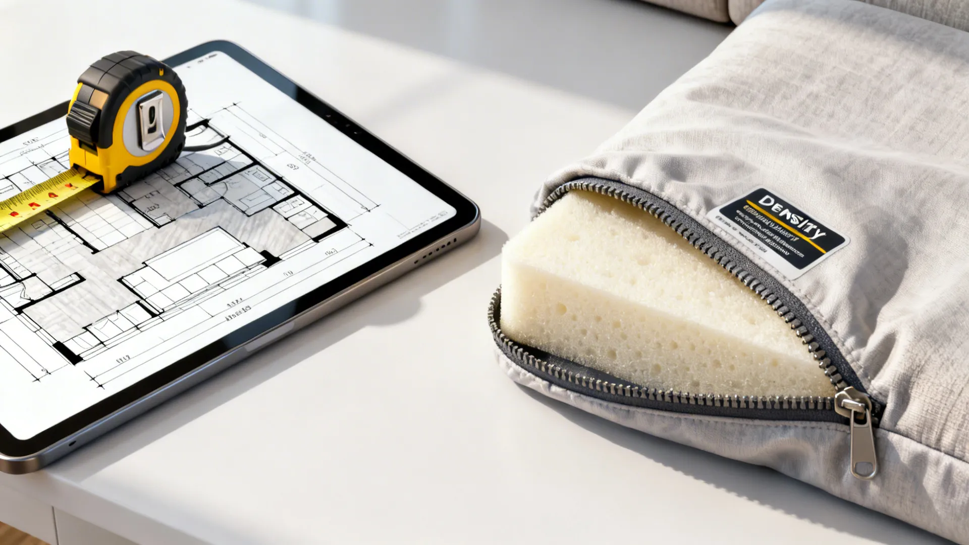 Tape measure and tablet mockup showing floor plan, with removable sofa cover and foam sample.