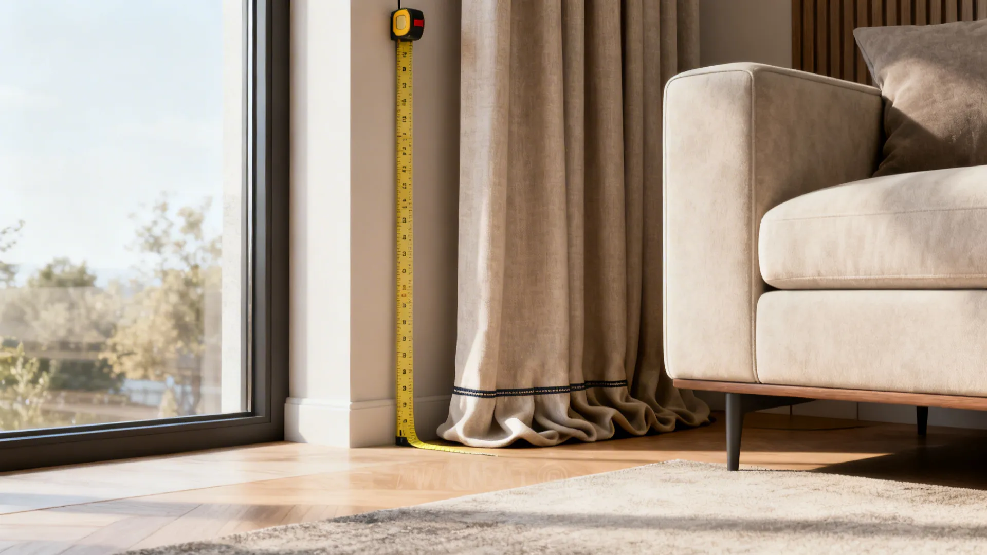 Corner shot with tape measure beside curtain showing proper floor-grazing and hem details.