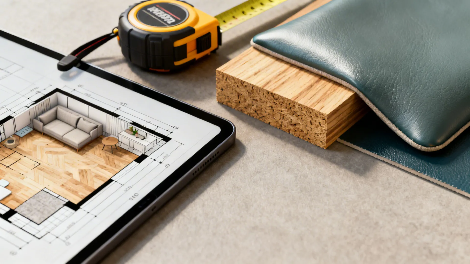 Tape measure, tablet with 3D planner and material samples for bay window planning