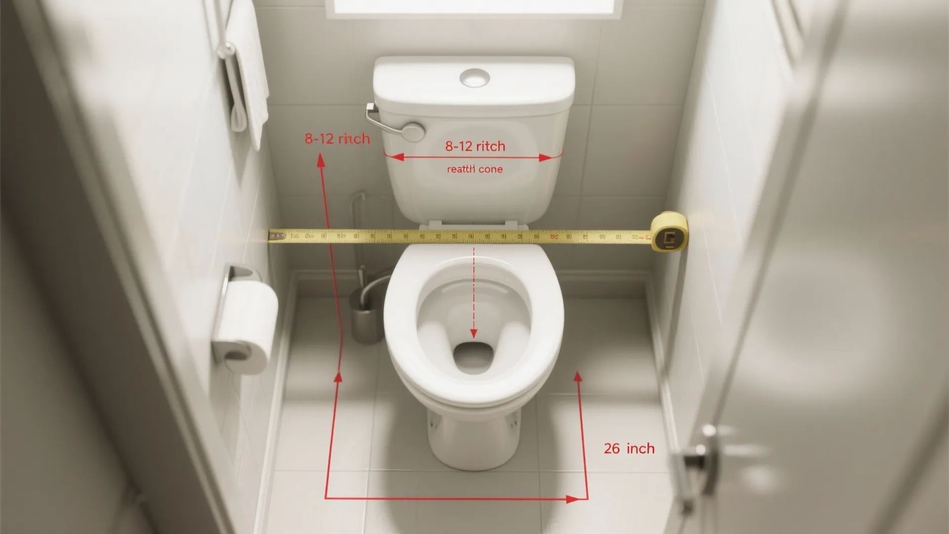 Top-down view of a toilet with a tape measure showing the 8–12 inch comfortable reach zone and 26 inch seated height.