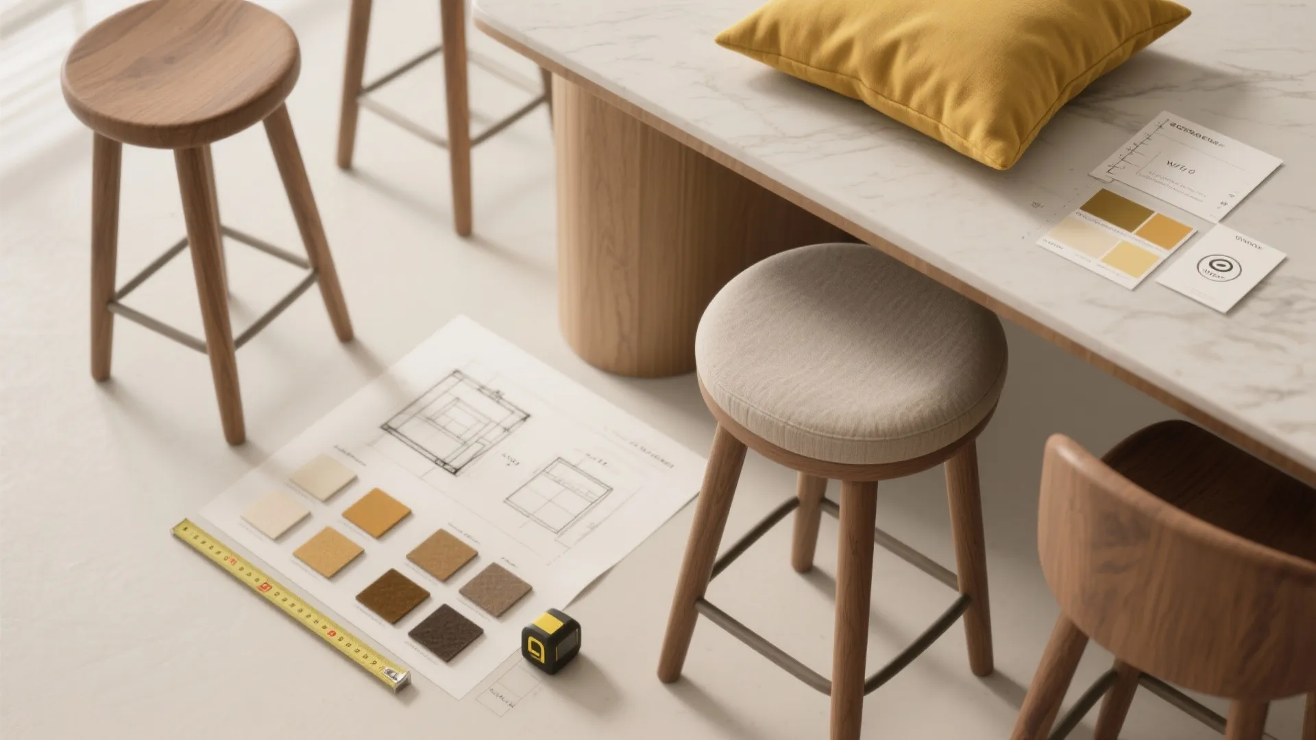 Floor plan drawings and color samples on table with tape measure and wooden sitting stools