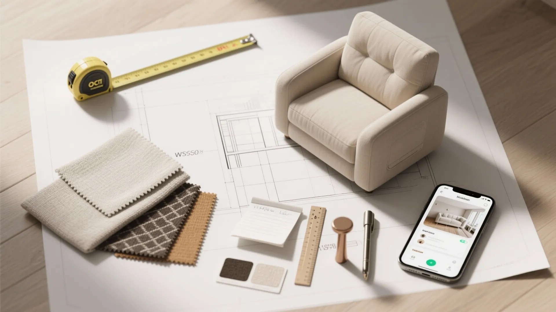 Floor plan drawing with small sofa model measuring tape fabric samples ruler and mobile phone app