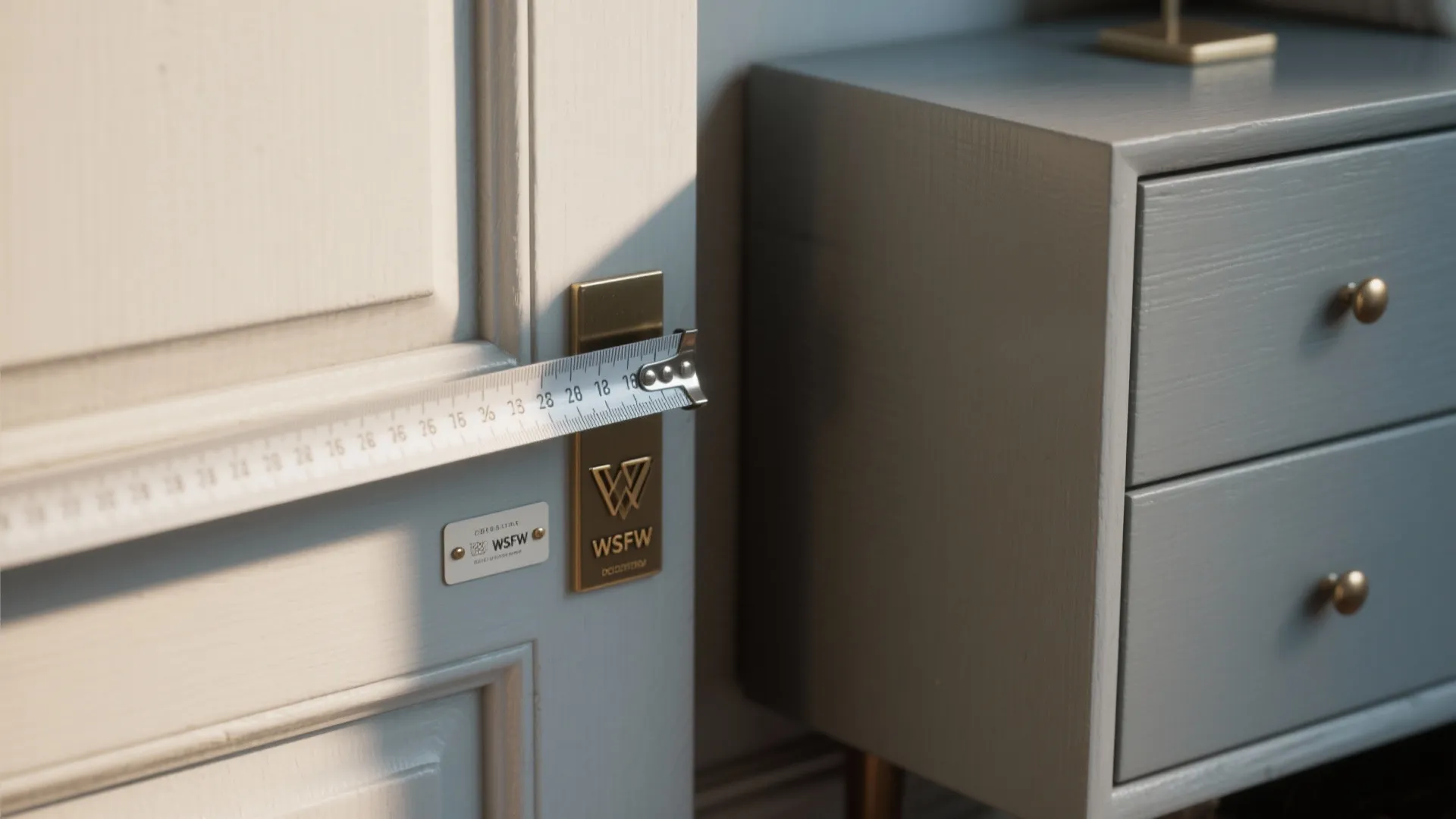 Measuring a white door frame with a metal tape measure next to a grey cabinet
