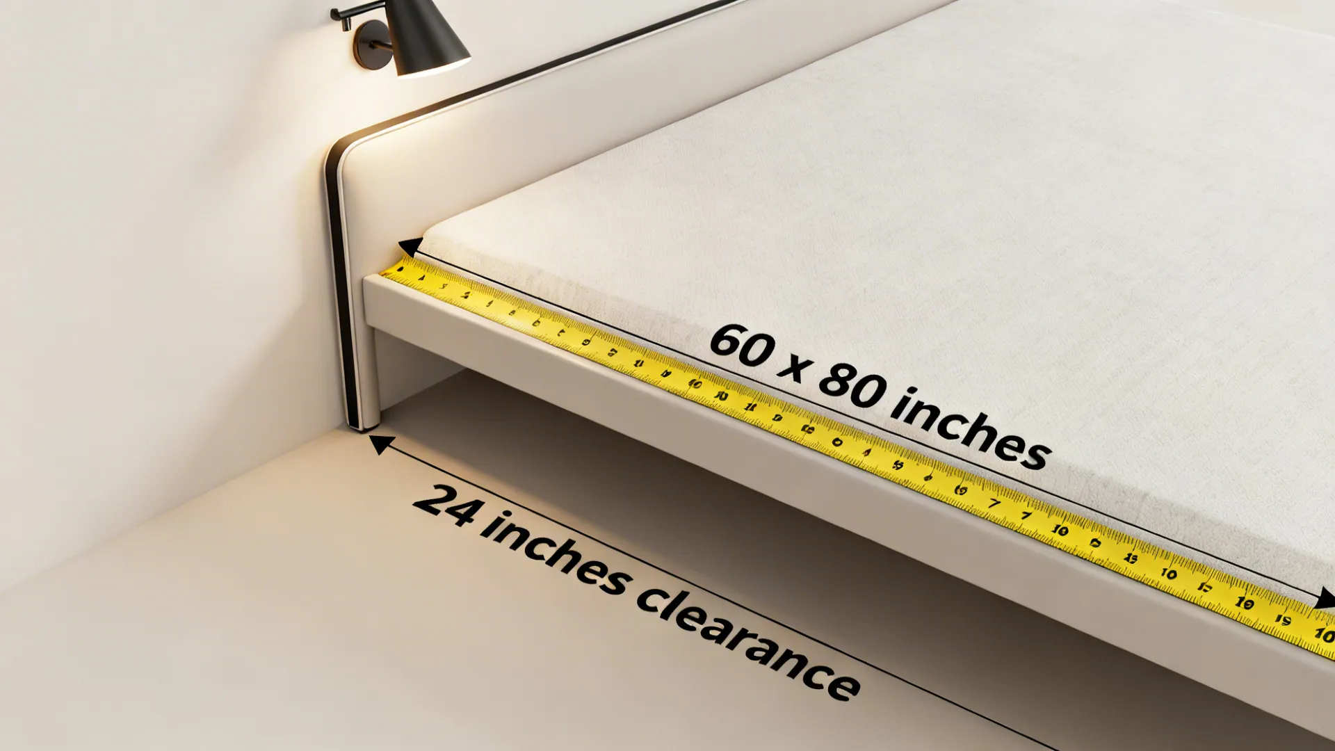 Measuring tape over queen bed footprint showing clearances and slim frame detail.