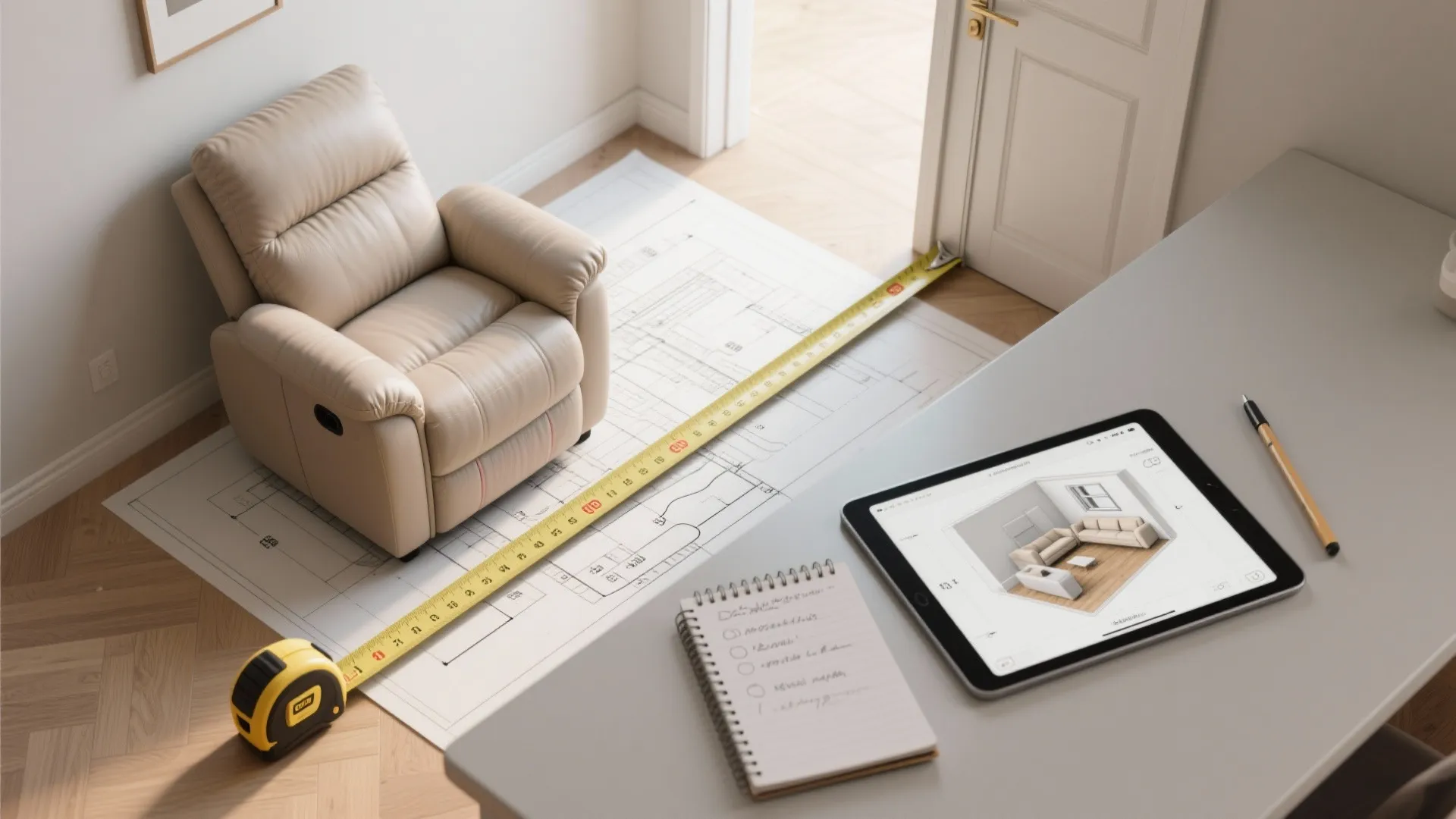 Interior design drawing with measuring tape floor plan and tablet showing three dimensional room layout