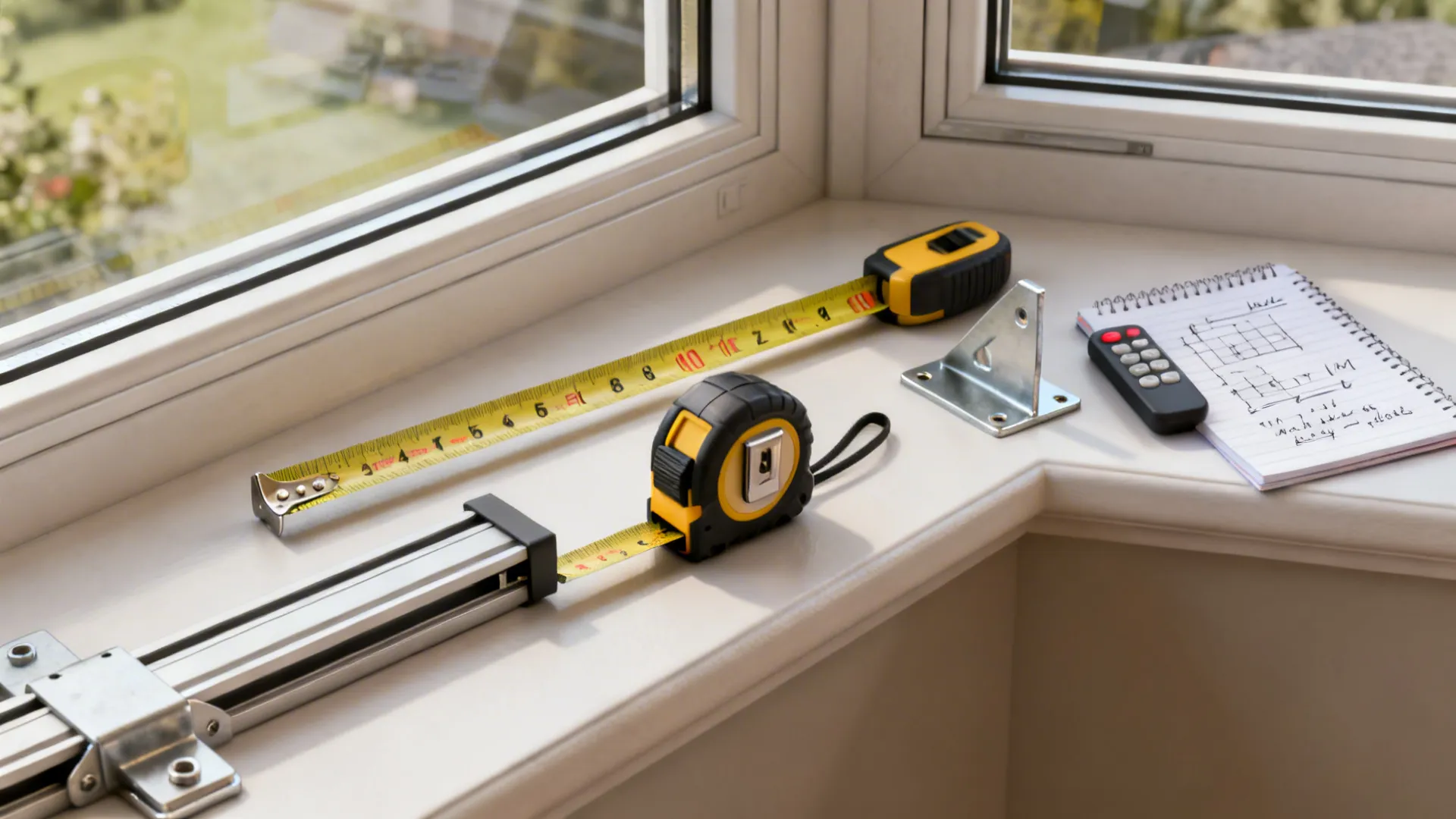 Two yellow tape measures on a white window ledge with a notebook and a remote
