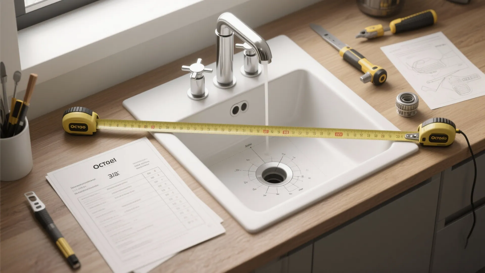 Top-down checklist showing measurements and templates for planning a 3-hole faucet installation.