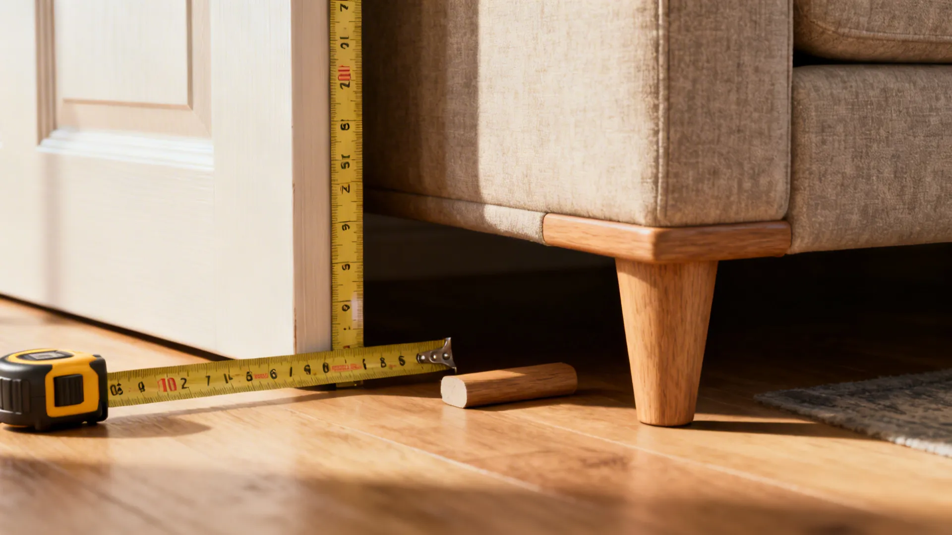 Measuring tape and removable sofa leg showing how to measure for sectional clearance through doorways.