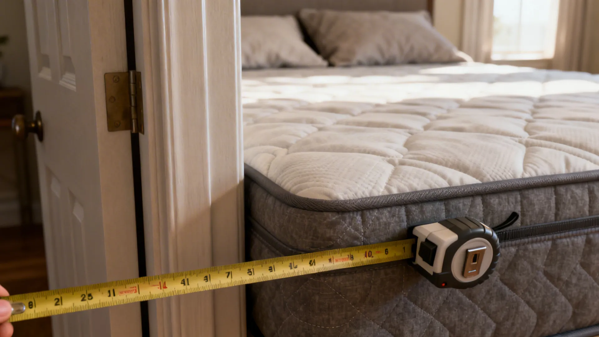 Measuring tape showing clearances between a king mattress and a door frame in a small room