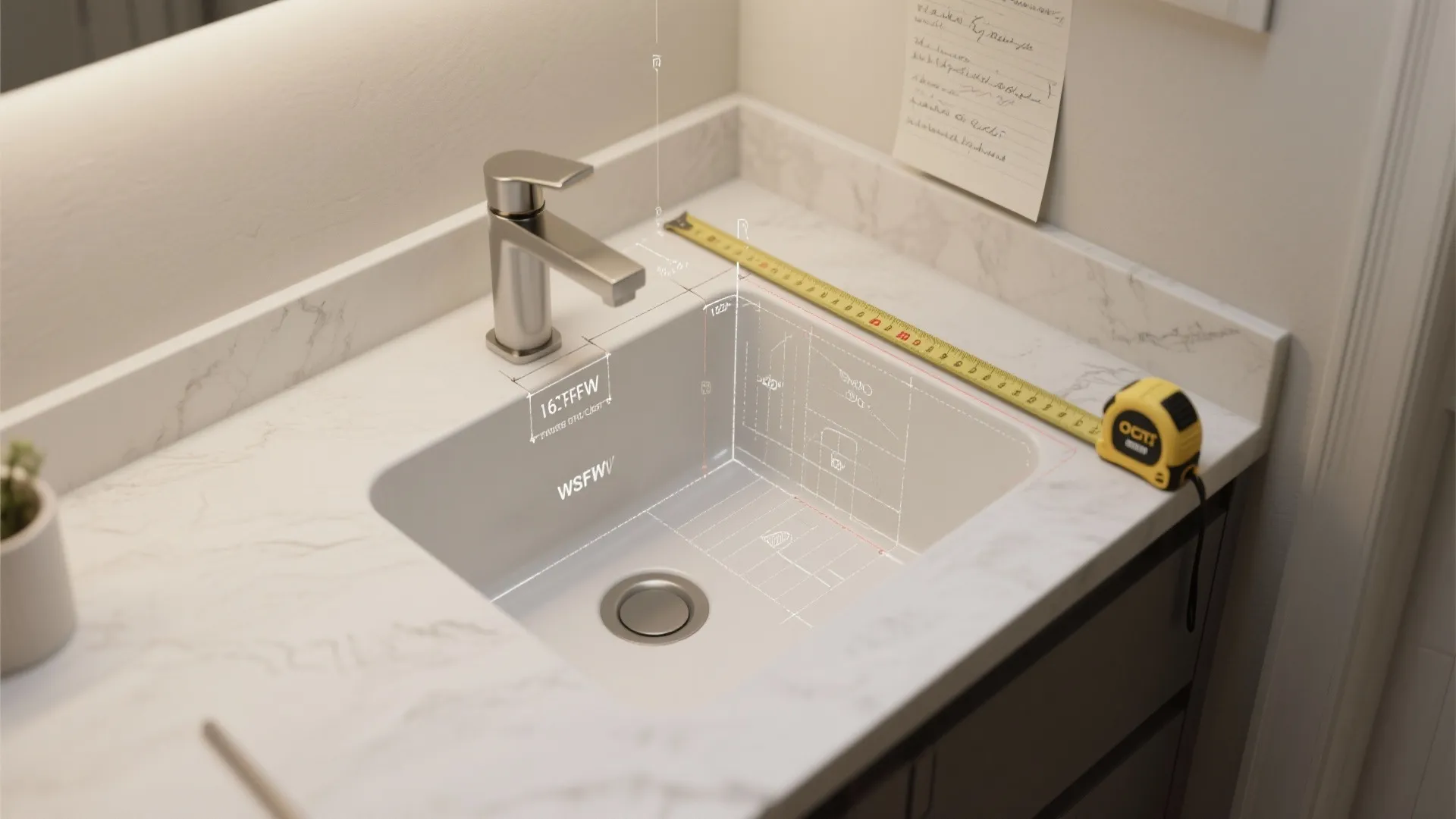 Top-down view of measuring appliance clearances and faucet reach for a corner sink installation.