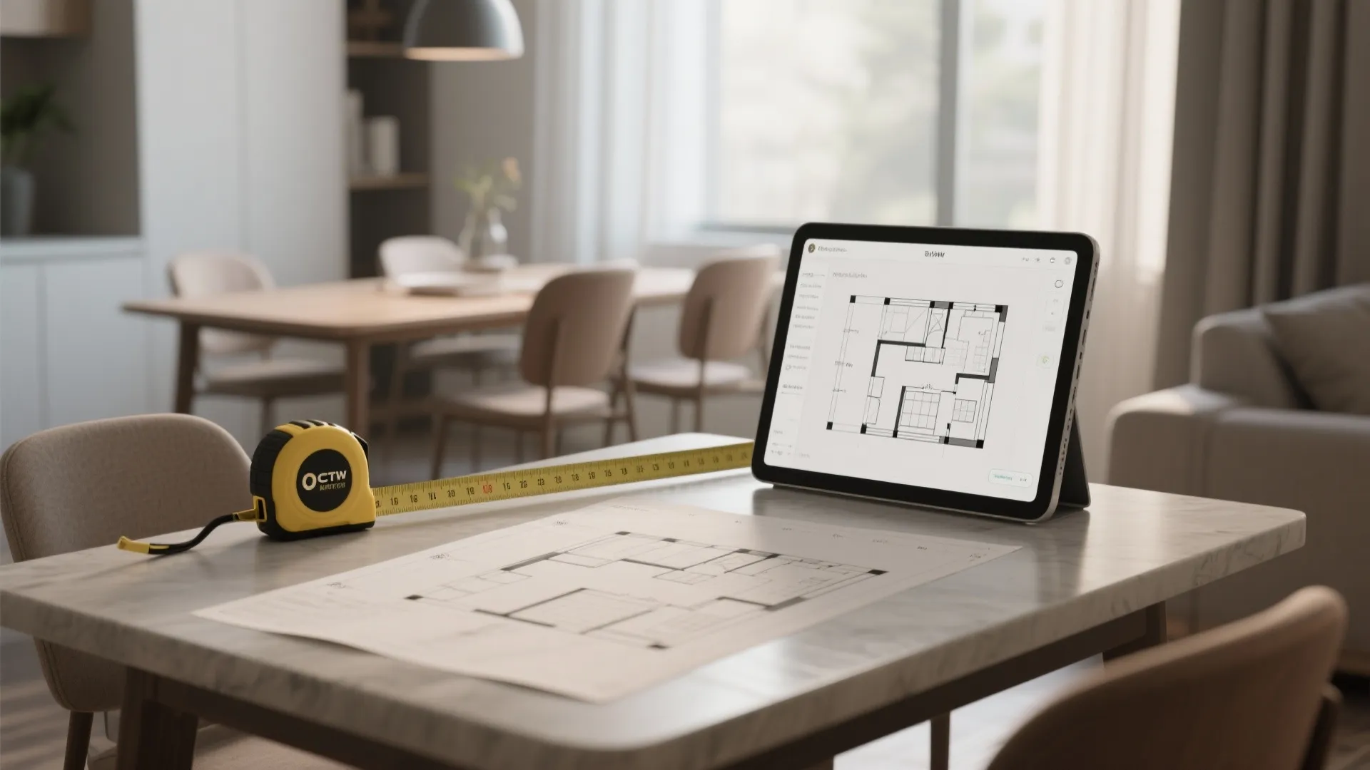 Measuring tape, floorplan mockup and 3D planner screen showing clearances for four chairs.