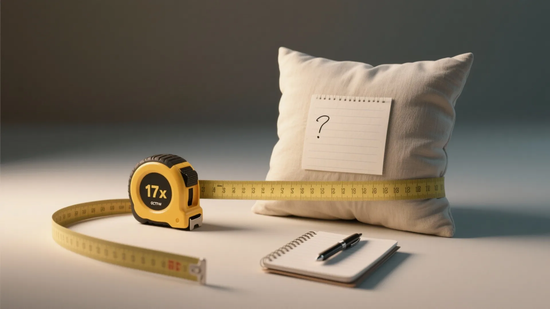 Yellow measuring tape wrapped around a beige cushion with a notepad and pen on the table