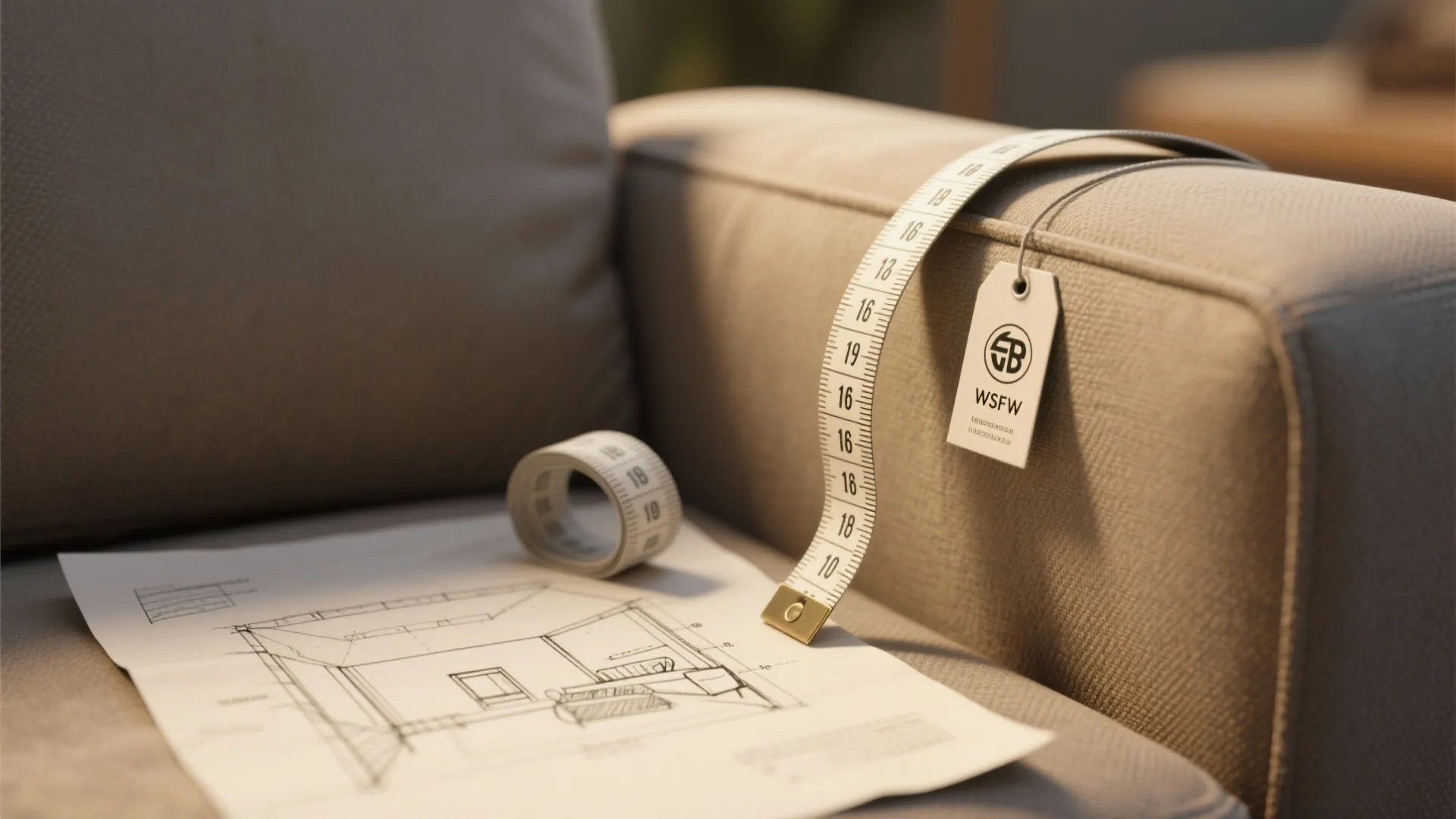 Measuring tape on beige sofa with interior design drawing and price tag on furniture item