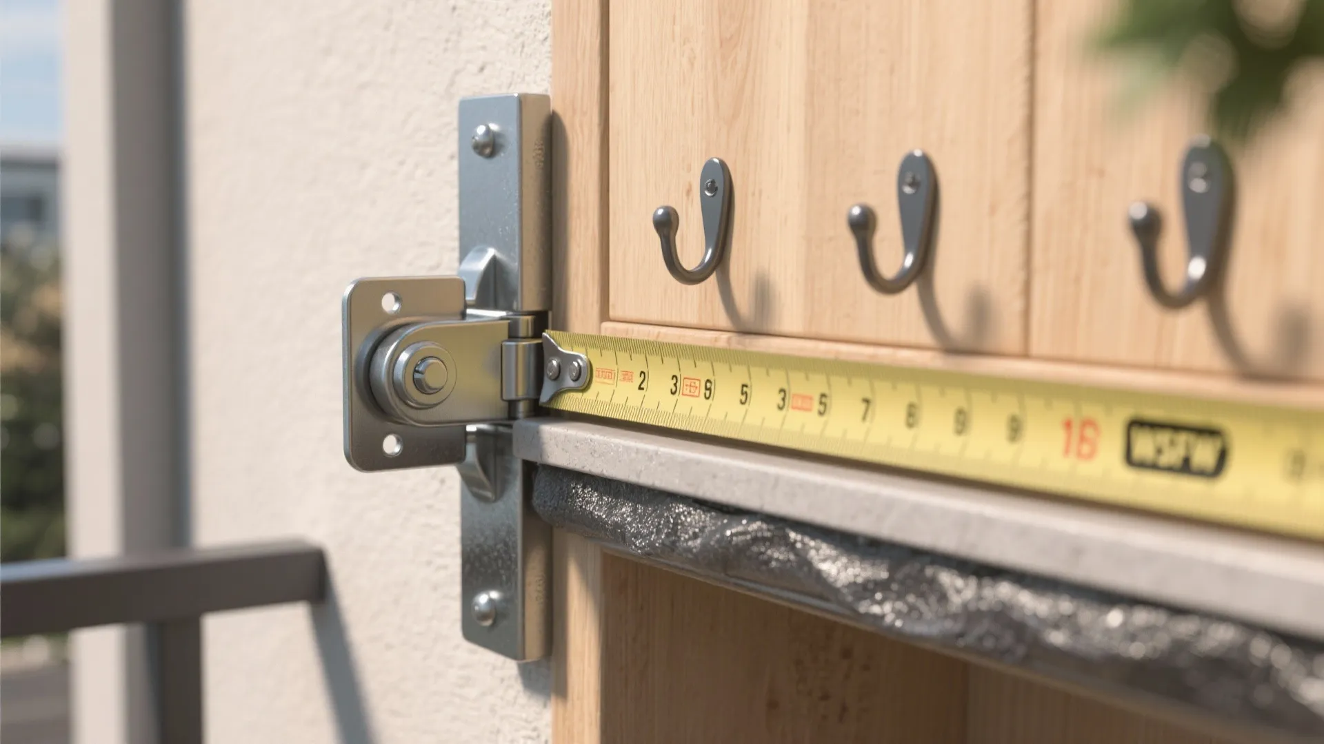Yellow measuring tape checking the distance of a metal hinge on a wooden wall panel