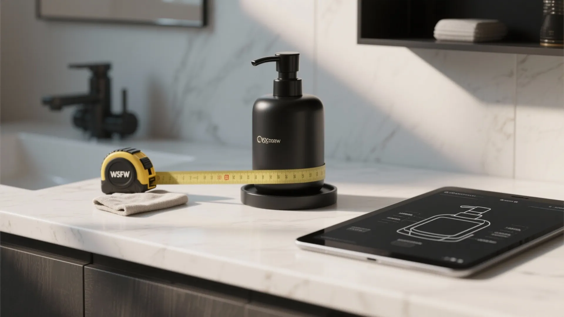 Measuring tape and tablet with a 3D layout beside a matte black soap dispenser, illustrating placement tips.