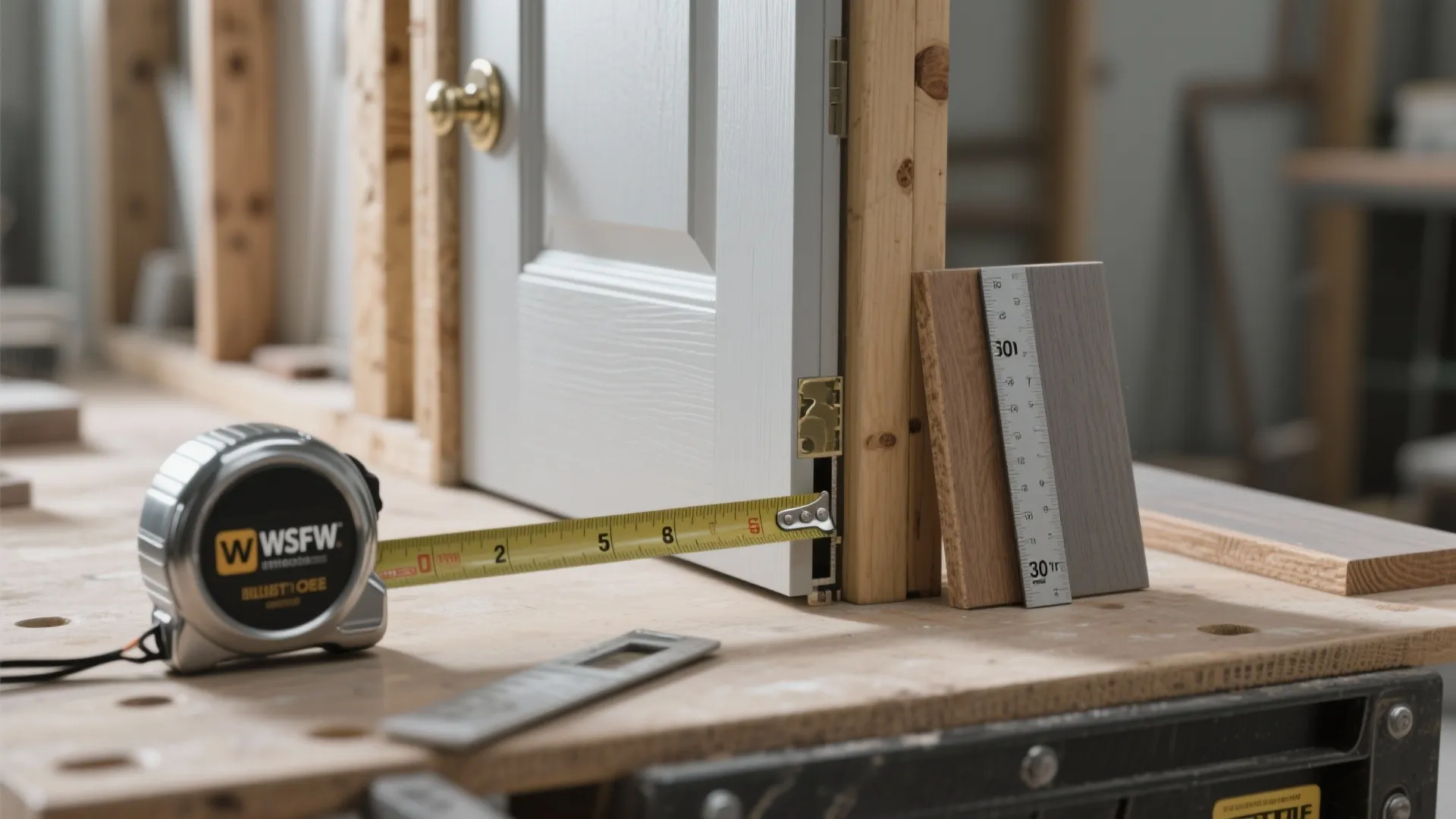 Measuring tape and door jamb close-up showing how to measure for a replacement bathroom door.