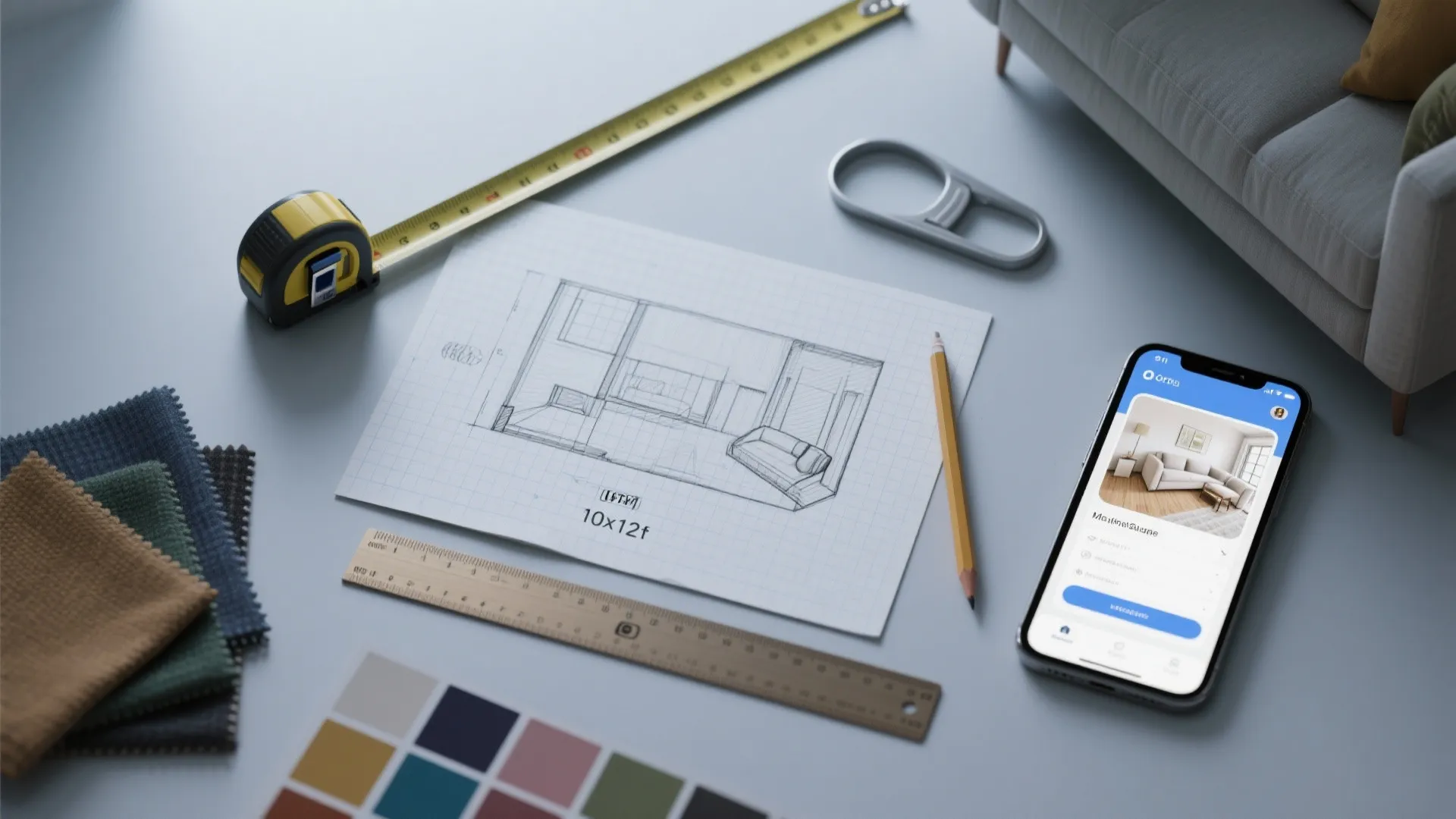 Desk with room sketch paper and measuring tape and smartphone showing a living room design