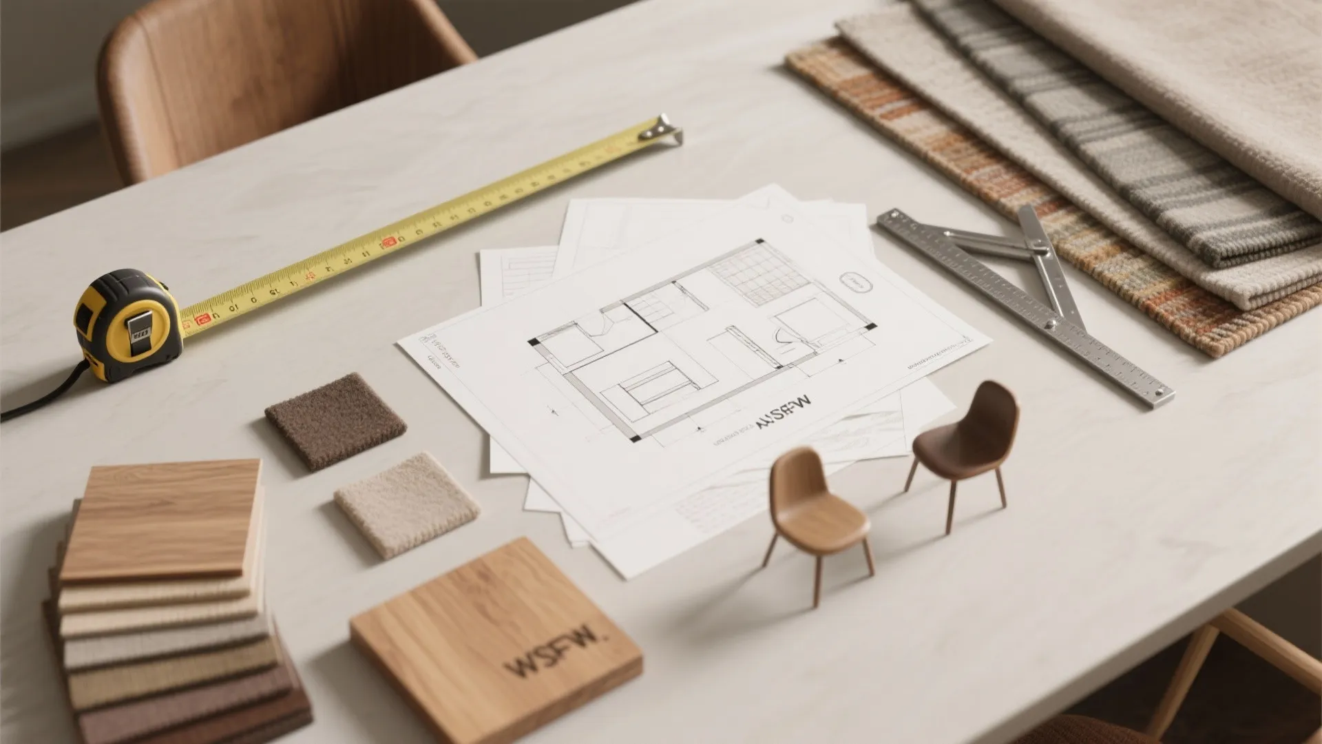 Architectural floor plan on table with measuring tape wooden samples fabric swatches and small model chairs