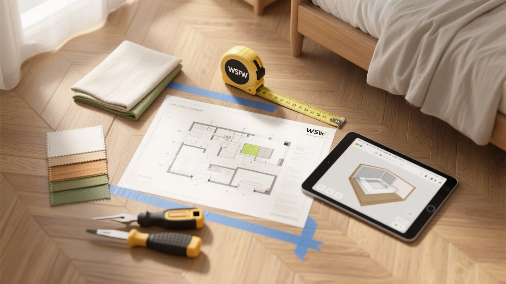 Floor plan on wood floor with yellow measuring tape fabric swatches tablet and design tools