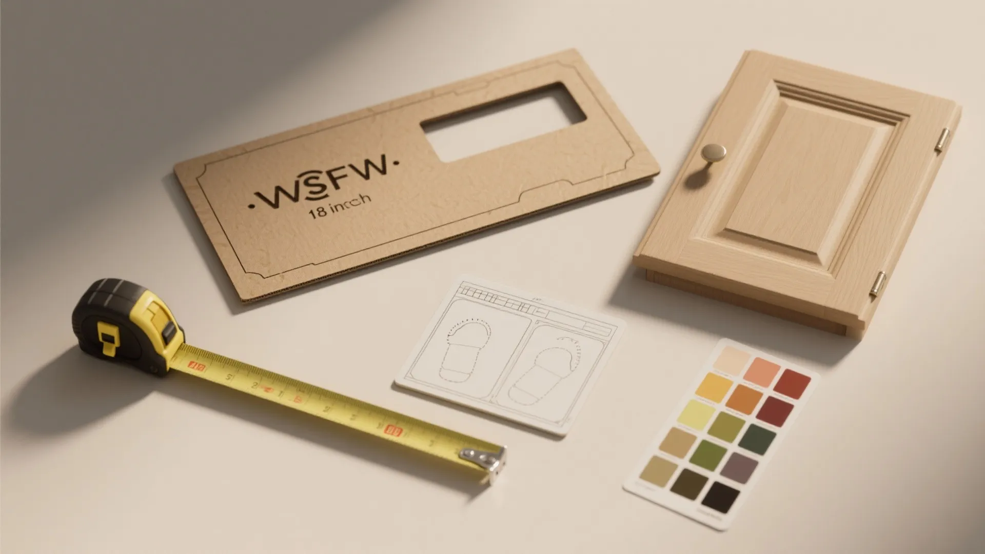 Measuring tape next to cabinet door sample and color palette on a white surface table
