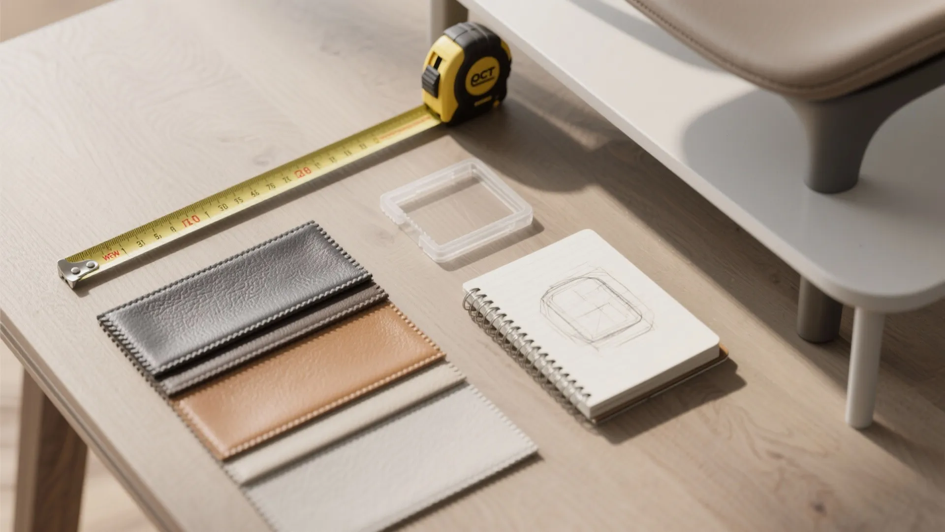 Wooden desk with yellow measuring tape leather fabric samples small notebook sketch and clear box