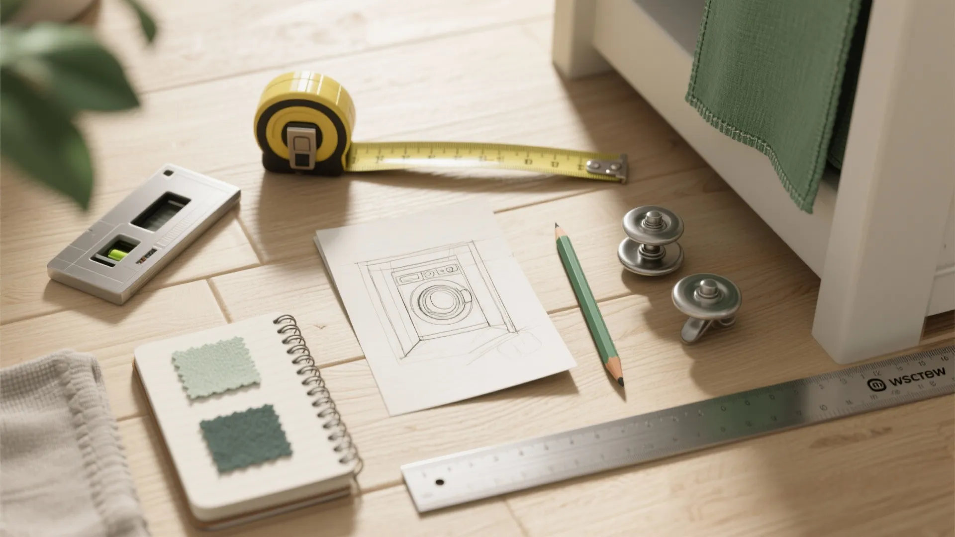 Tools for measuring laundry room space including tape measure pencil metal ruler and washing machine sketch