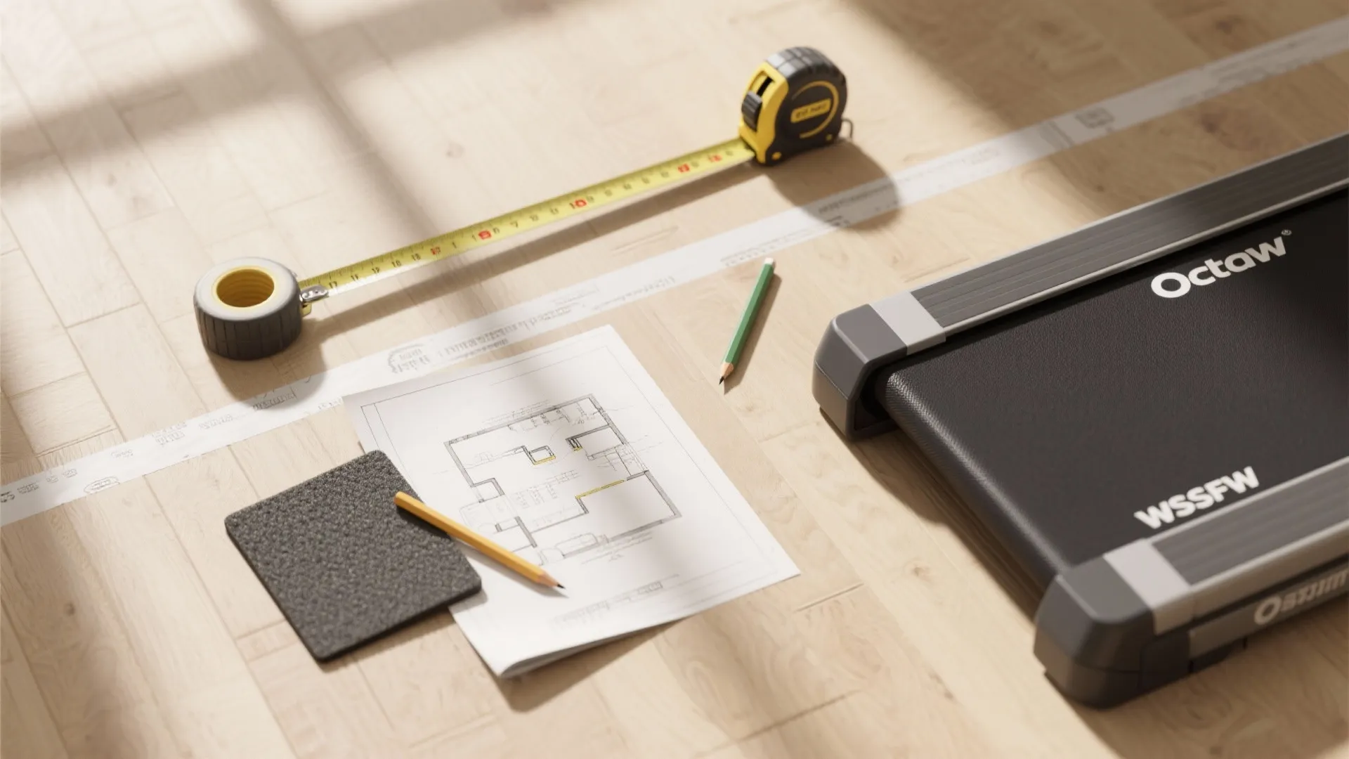 Top-down flatlay of a tape measure, painter's tape floor mockup, and floor plan used to plan treadmill placement.