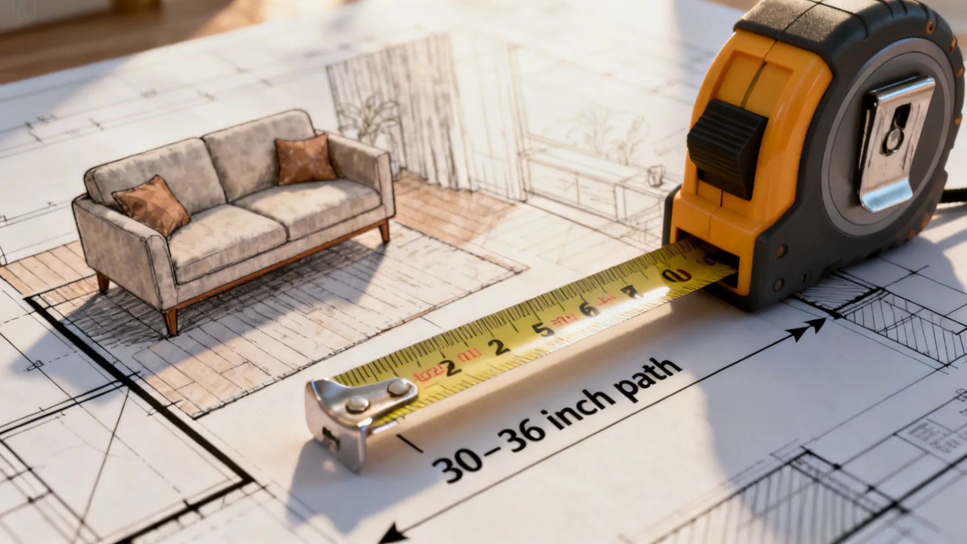 Measuring tape on a floorplan next to a sofa sketch showing circulation recommendations.