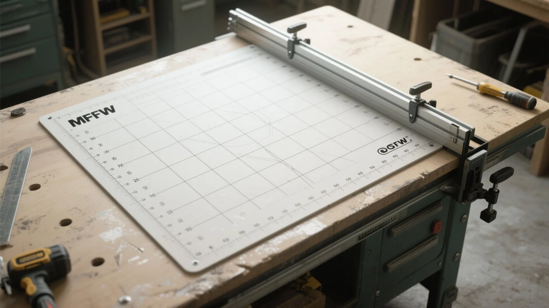 White measuring grid mat with black lines and metal guide tool on a wooden workbench