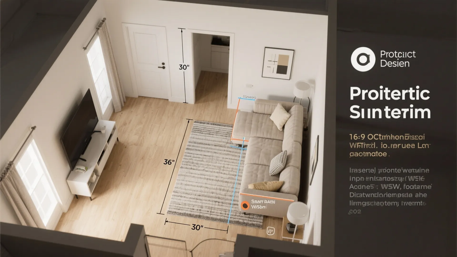 Top-down measurement guide showing clearance and footprint recommendations for fitting a sectional in a small living room.