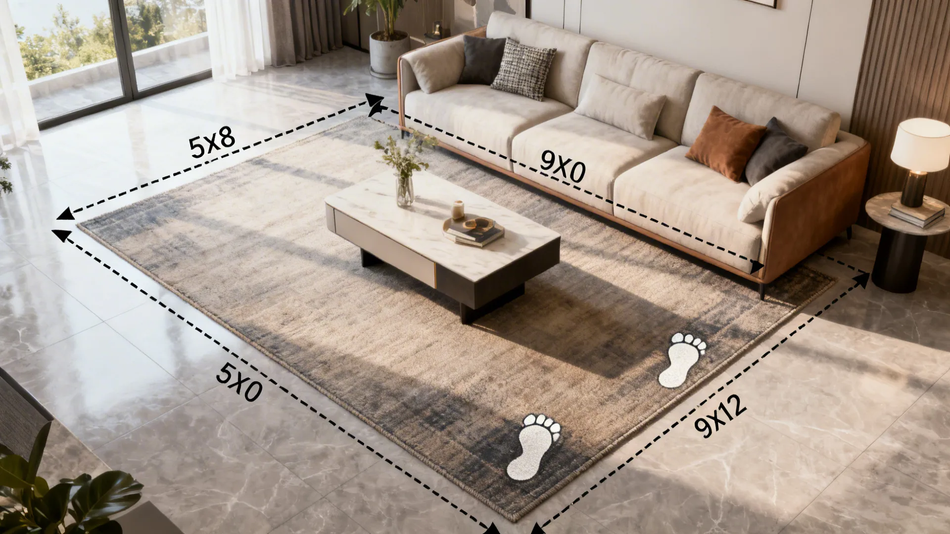 Top-down view of floor outlines showing different rug sizes and measuring tips.